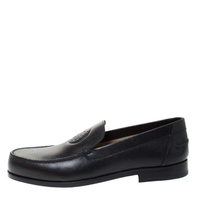 Pre Owned Hermes Black Logo Embossed Leather Slip On Loafers Size 41.5