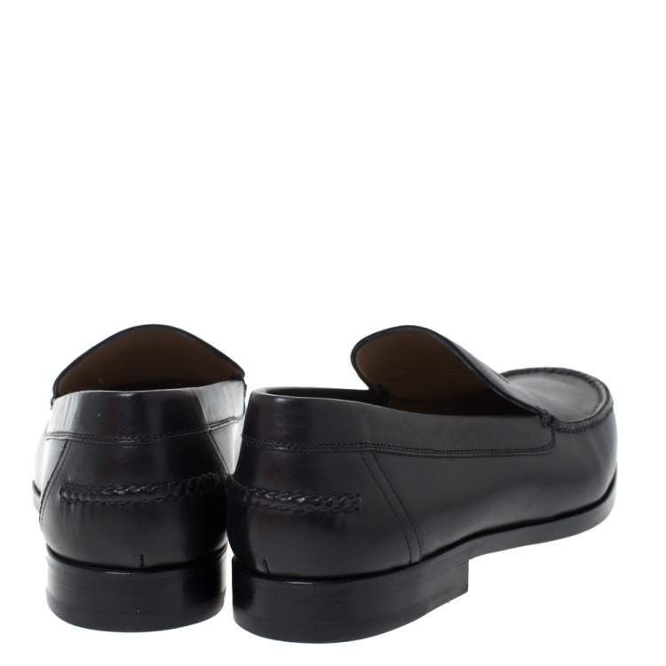 Pre Owned Hermes Black Logo Embossed Leather Slip On Loafers Size 41.5