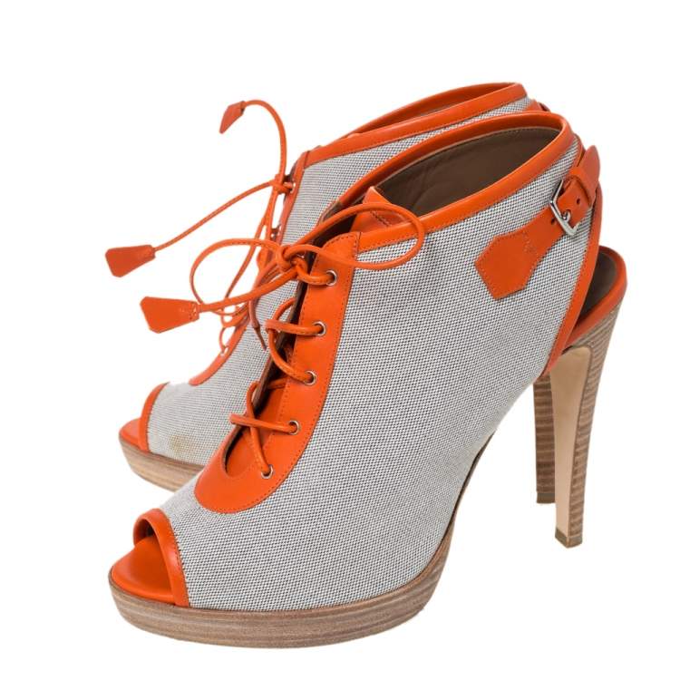 Pre Owned Hermes Grey Canvas And Orange Leather Trim Lace Up Peep Toe Platform Booties Size 40