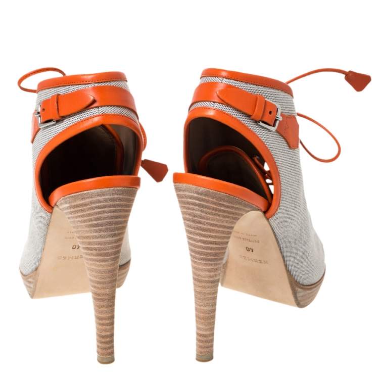 Pre Owned Hermes Grey Canvas And Orange Leather Trim Lace Up Peep Toe Platform Booties Size 40