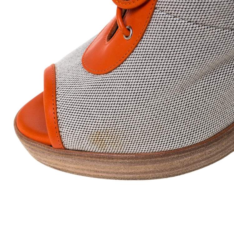 Pre Owned Hermes Grey Canvas And Orange Leather Trim Lace Up Peep Toe Platform Booties Size 40