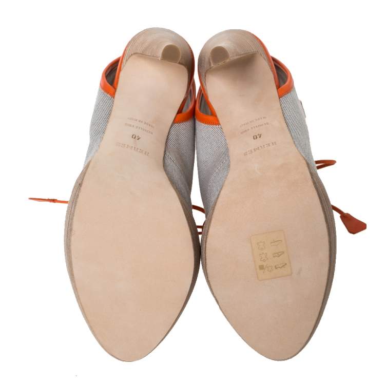 Pre Owned Hermes Grey Canvas And Orange Leather Trim Lace Up Peep Toe Platform Booties Size 40