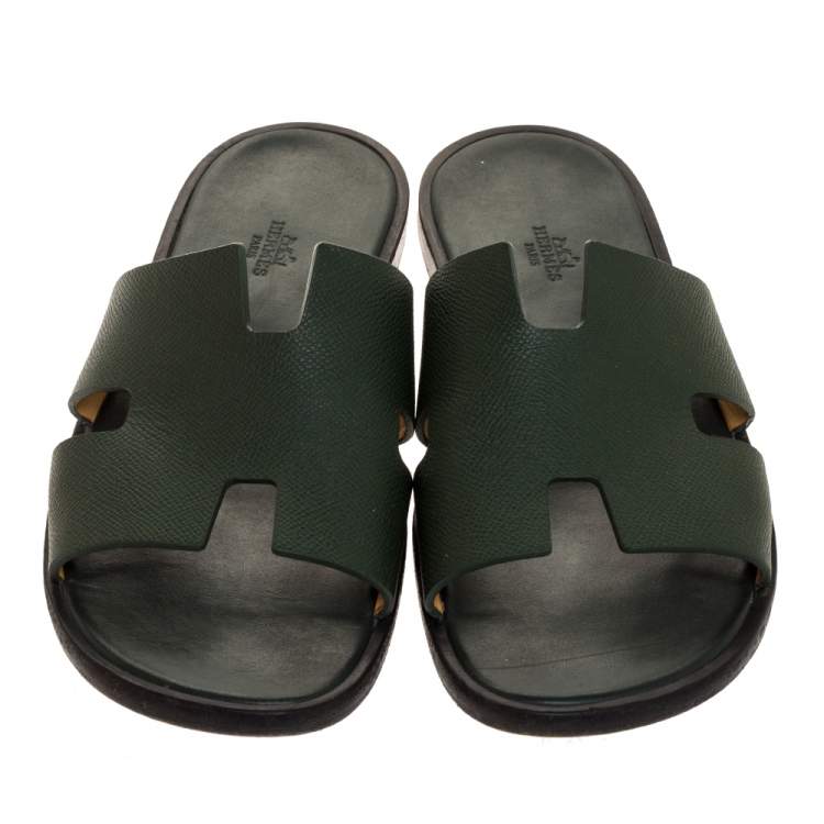 مملوكة مسبقًا Hermes Green Leather Izmir Flat Slides Size 43.5 