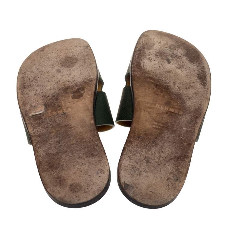 مملوكة مسبقًا Hermes Green Leather Izmir Flat Slides Size 43.5 