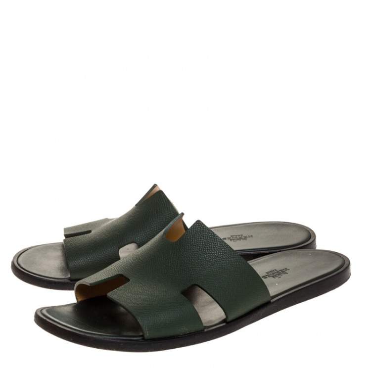 مملوكة مسبقًا Hermes Green Leather Izmir Flat Slides Size 43.5 