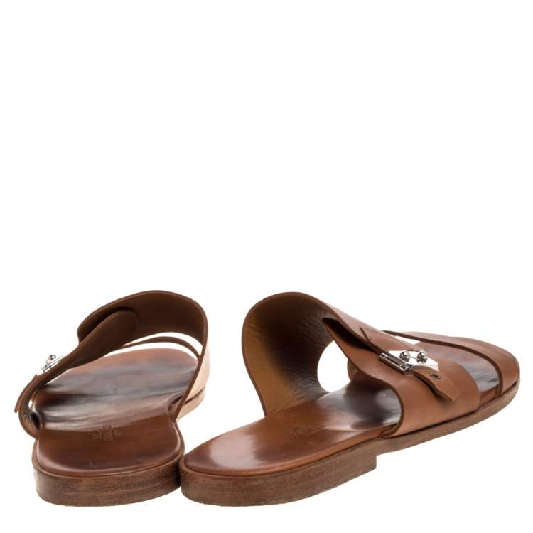 Pre Owned Hermes Brown Leather Slide Sandals Size 43.5