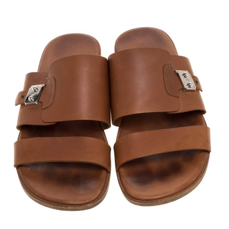 Pre Owned Hermes Brown Leather Slide Sandals Size 43.5