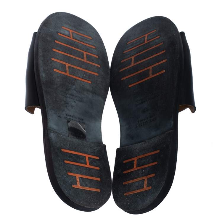 Pre Owned Hermes Black Leather Slide Sandals Size 43