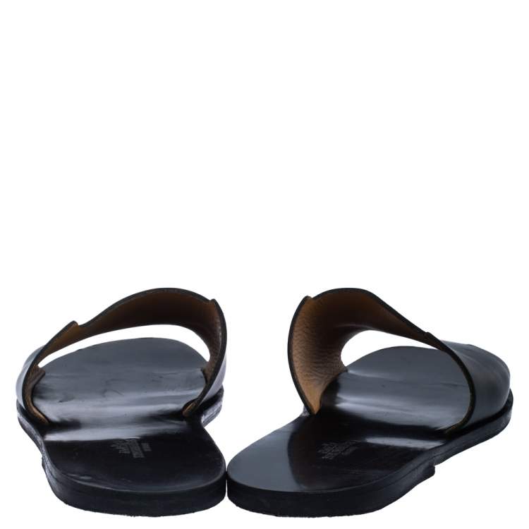 Pre Owned Hermes Black Leather Slide Sandals Size 43