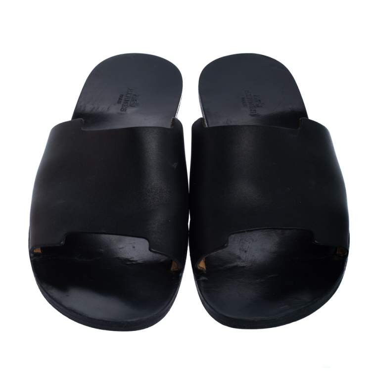 Pre Owned Hermes Black Leather Slide Sandals Size 43