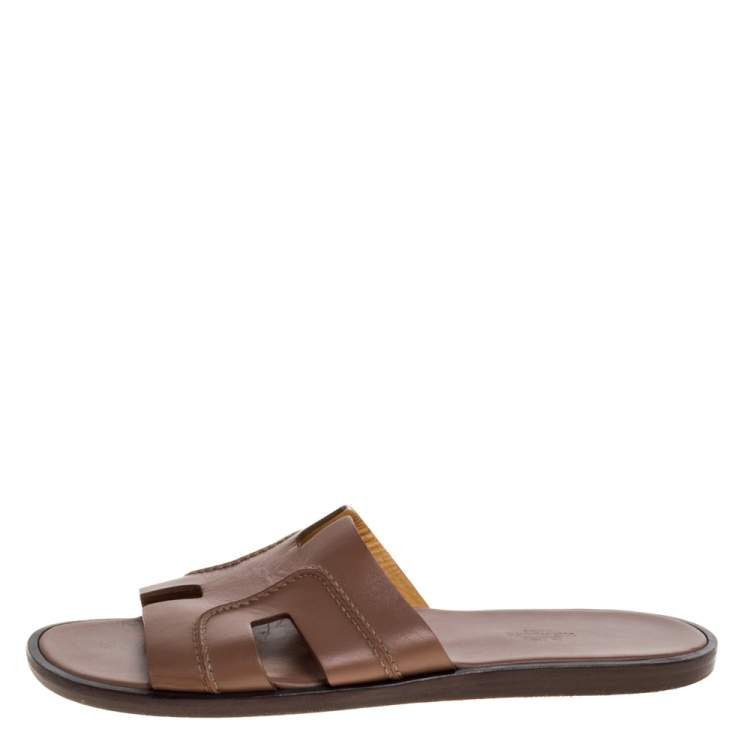 Pre Owned Hermes Brown Leather Izmir Flat Slides Size 42.5