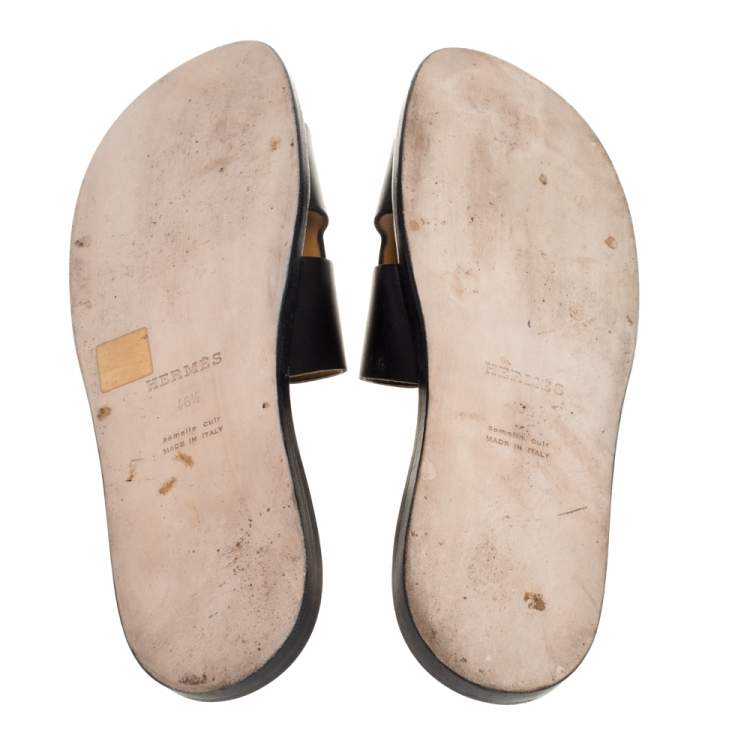 Pre Owned Hermès Black Leather Izmir Slide Sandals Size 46.5