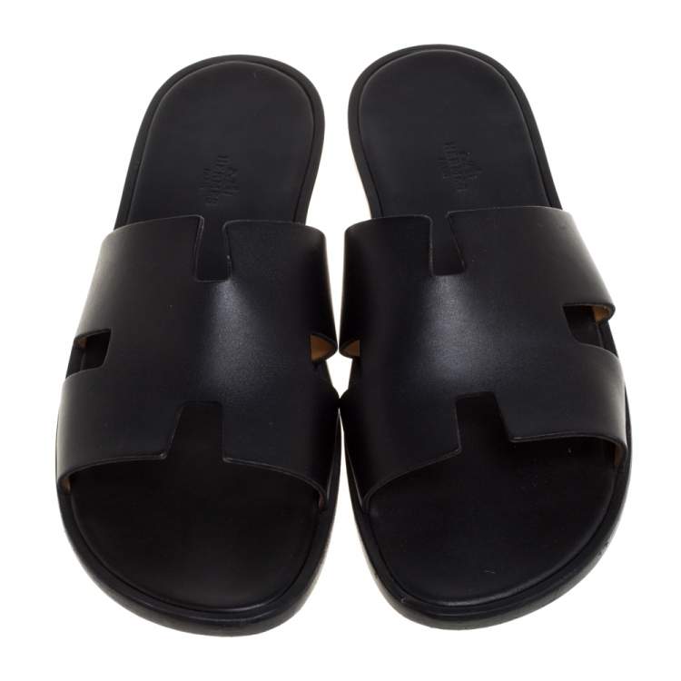 Pre Owned Hermès Black Leather Izmir Slide Sandals Size 46.5