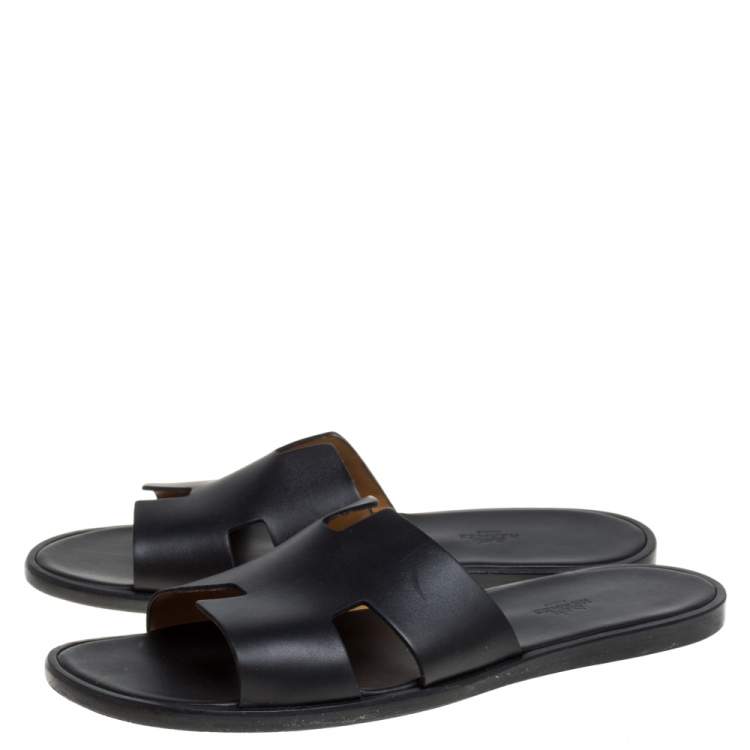 Pre Owned Hermès Black Leather Izmir Slide Sandals Size 46.5