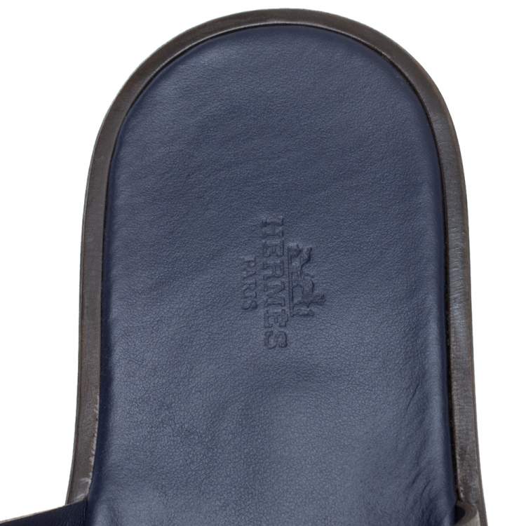 Pre Owned Hermes Brown/Blue Epsom Leather Izmir Flat Slides Size 43