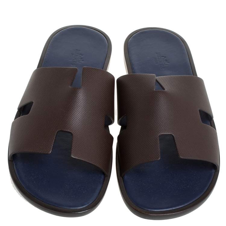 Pre Owned Hermes Brown/Blue Epsom Leather Izmir Flat Slides Size 43