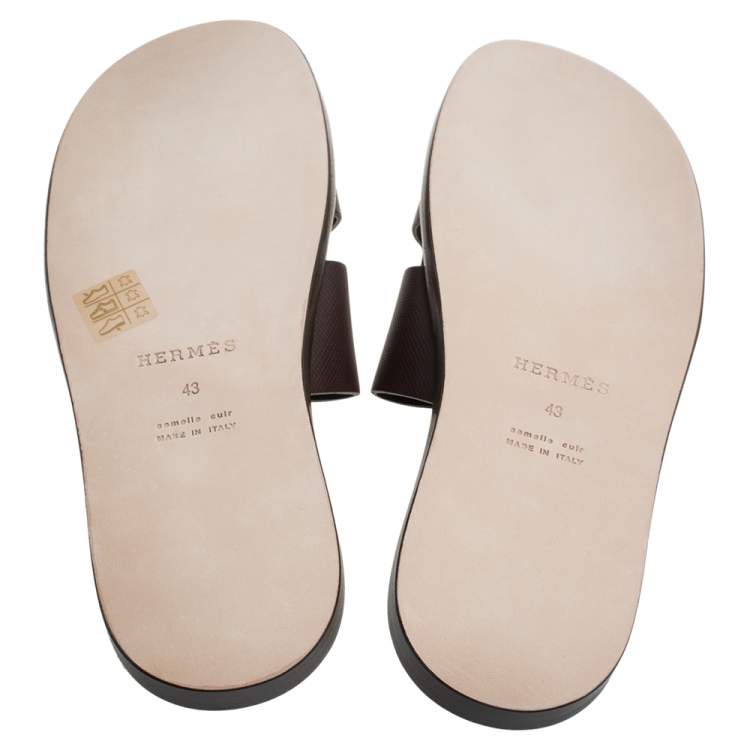 Pre Owned Hermes Brown/Blue Epsom Leather Izmir Flat Slides Size 43
