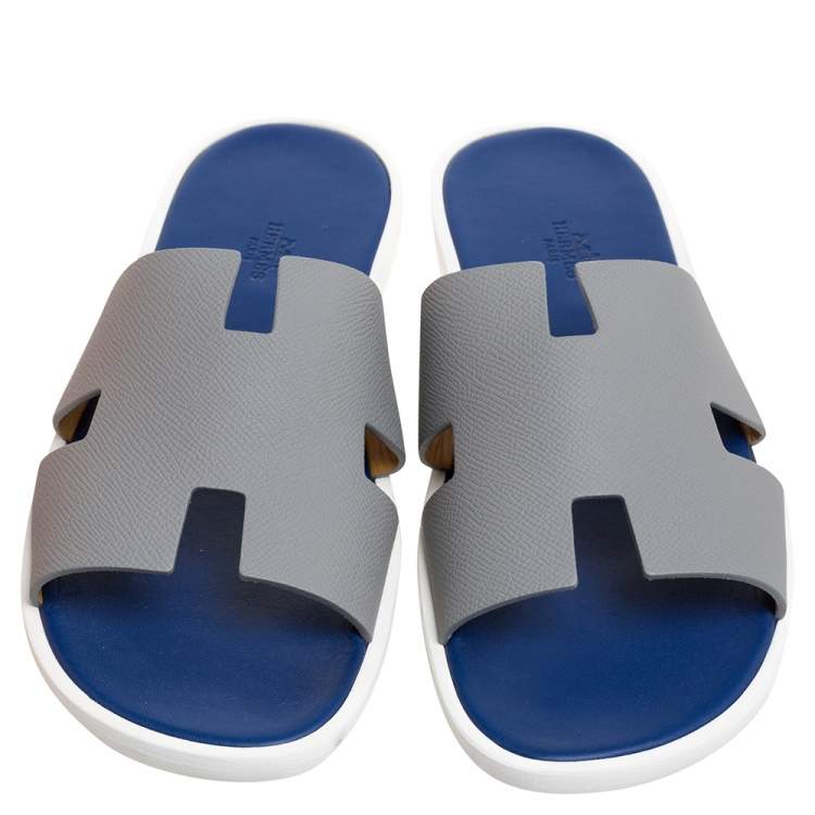 Pre Owned Hermes Grey/Blue Leather Izmir Slip On Sandals Size 44