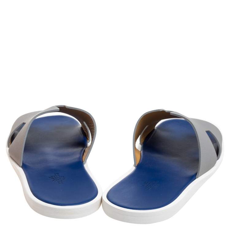 Pre Owned Hermes Grey/Blue Leather Izmir Slip On Sandals Size 44