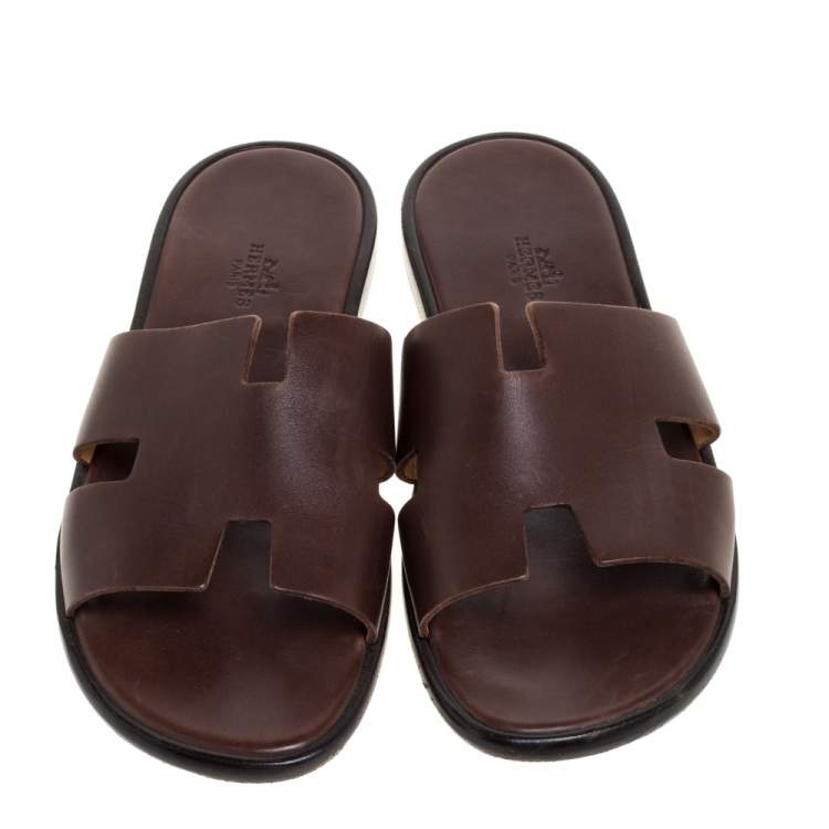 Pre Owned Hermes Brown Leather Izmir Flat Slides Size 42.5