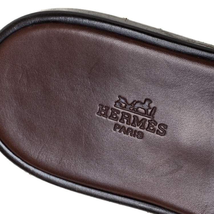 Pre Owned Hermes Brown Leather Izmir Flat Slides Size 42.5