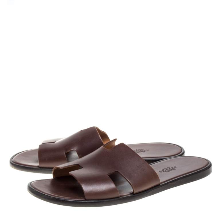 Pre Owned Hermes Brown Leather Izmir Flat Slides Size 42.5