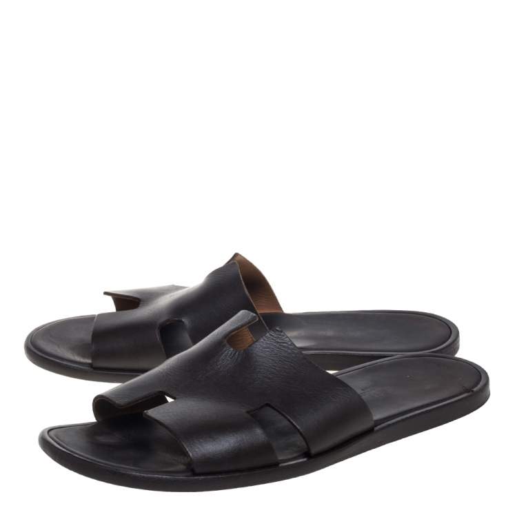 Pre Owned Hermes Dark Brown Leather Izmir Slide Sandals Size 43