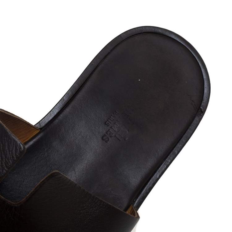 Pre Owned Hermes Dark Brown Leather Izmir Slide Sandals Size 43