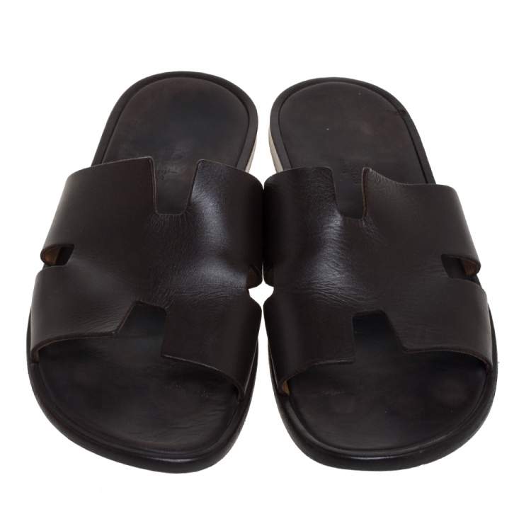 Pre Owned Hermes Dark Brown Leather Izmir Slide Sandals Size 43