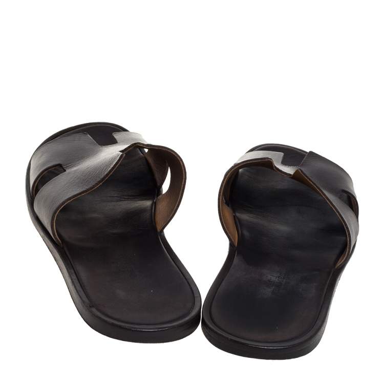 Pre Owned Hermes Dark Brown Leather Izmir Slide Sandals Size 43