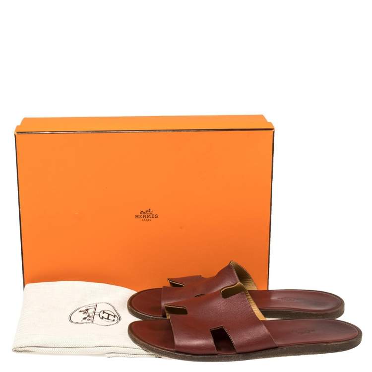 Pre Owned Hermes Burgundy Leather Izmir Slides Sandals Size 43