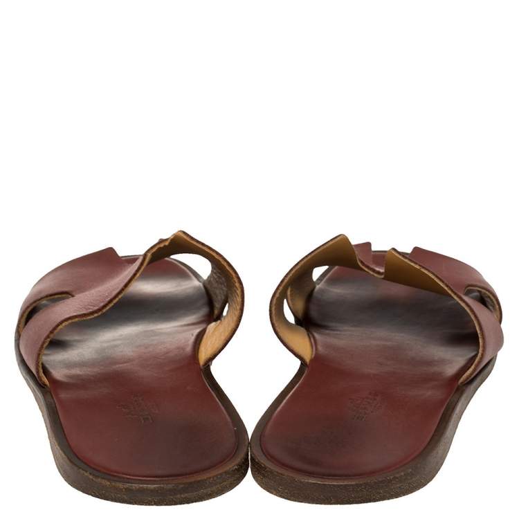 Pre Owned Hermes Burgundy Leather Izmir Slides Sandals Size 43