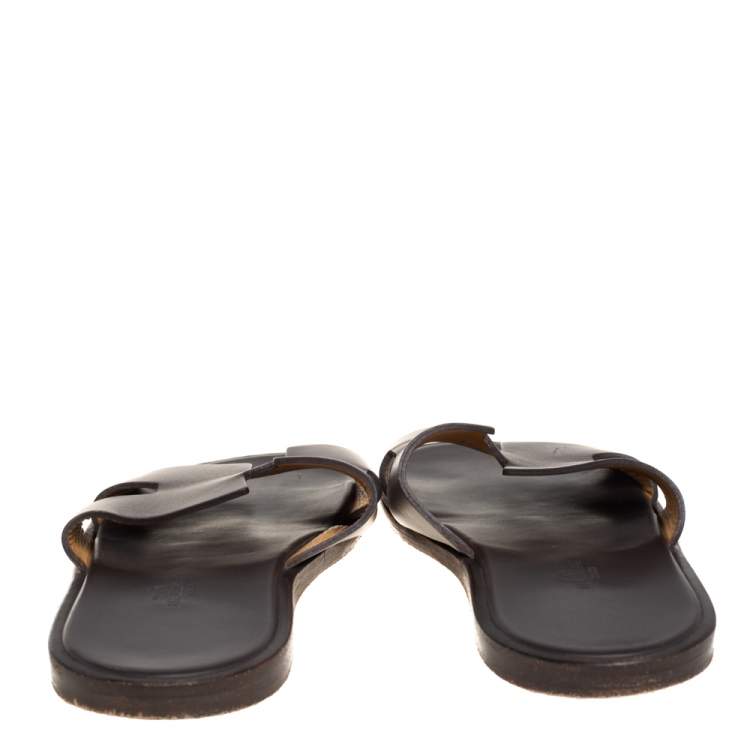 Pre Owned Hermes Dark Brown Leather Izmir Flat Sandals Size 40.5