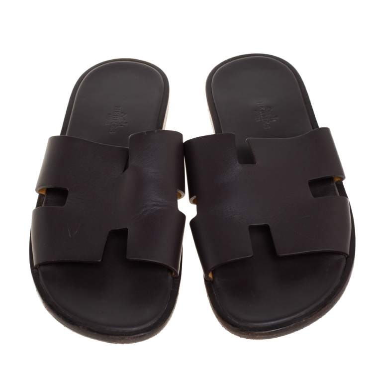 Pre Owned Hermes Dark Brown Leather Izmir Flat Sandals Size 40.5