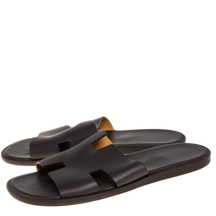 Pre Owned Hermes Dark Brown Leather Izmir Flat Sandals Size 40.5