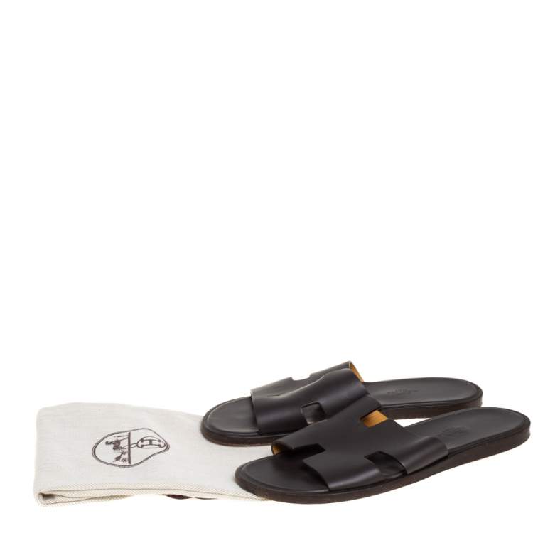 Pre Owned Hermes Dark Brown Leather Izmir Flat Sandals Size 40.5