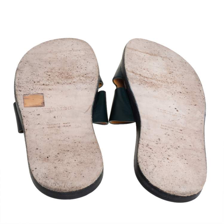 Pre Owned Hermés Green Leather Izmir Flats Sandals Size 41.5