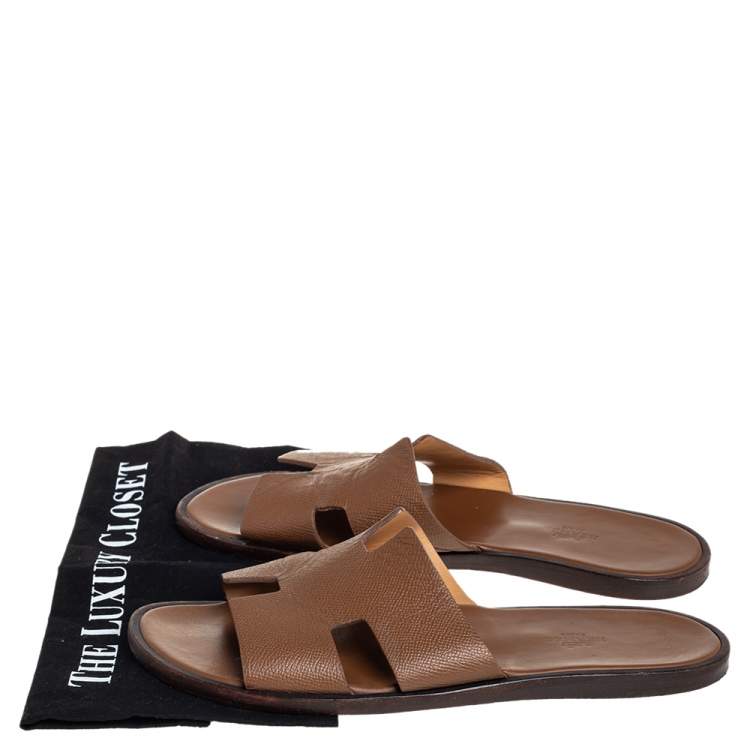 مملوكة مسبقًا Hermes Brown Leather Izmir Flat Slides Size 42.5