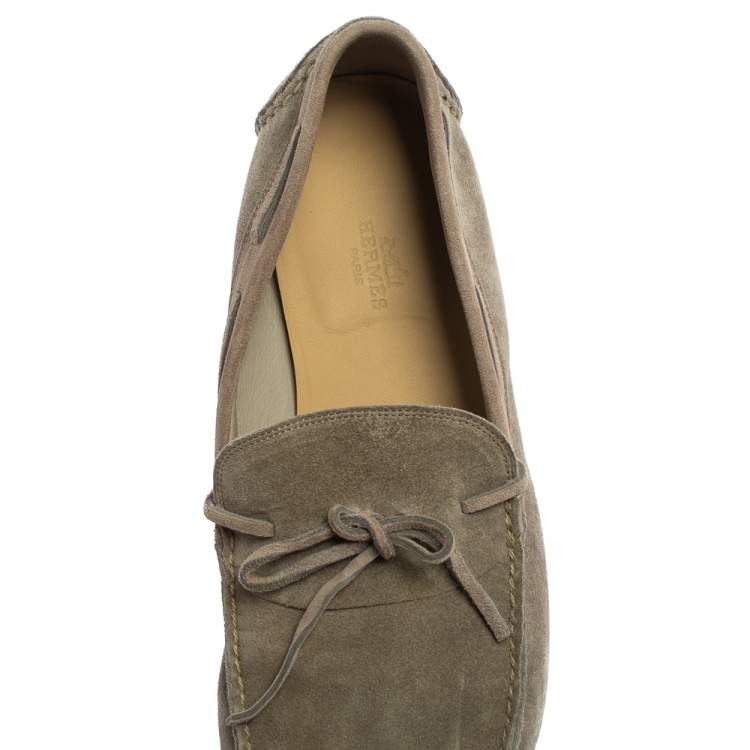 Pre Owned Hermes Grey Suede Bow Slip On Loafers Size 42