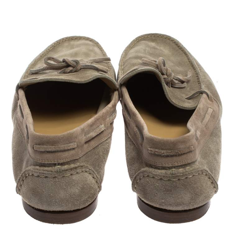 Pre Owned Hermes Grey Suede Bow Slip On Loafers Size 42