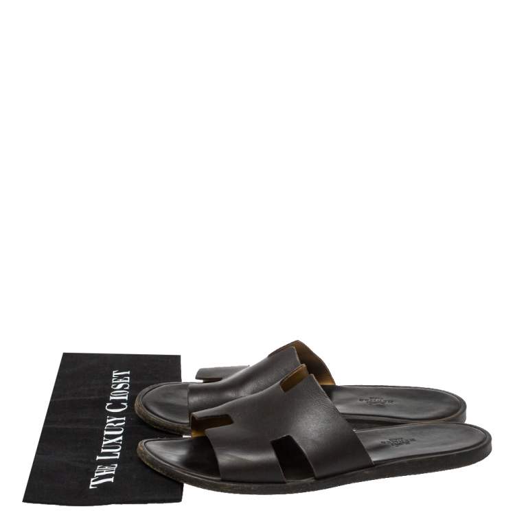 Pre Owned Hermes Dark Brown Leather Izmir Flat Slides Size 43.5