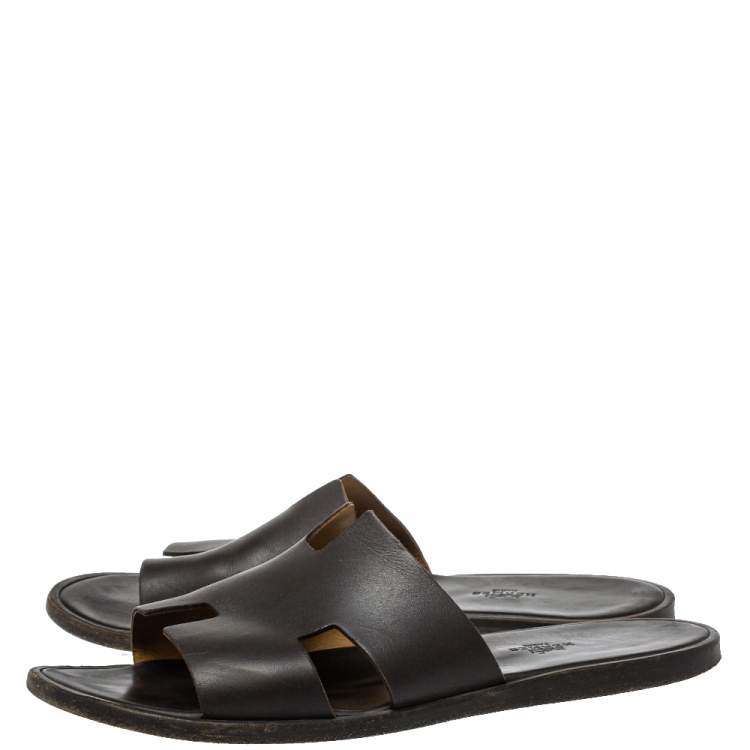 Pre Owned Hermes Dark Brown Leather Izmir Flat Slides Size 43.5