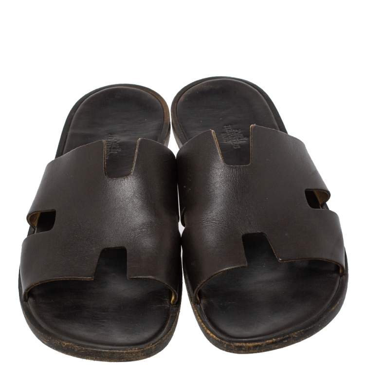 Pre Owned Hermes Dark Brown Leather Izmir Flat Slides Size 43.5