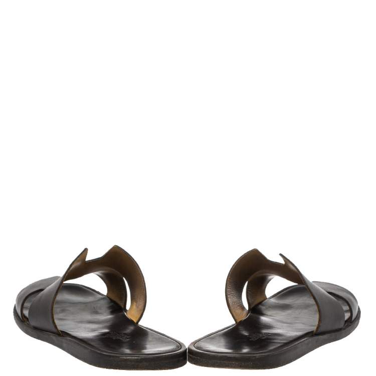 Pre Owned Hermes Dark Brown Leather Izmir Flat Slides Size 43.5