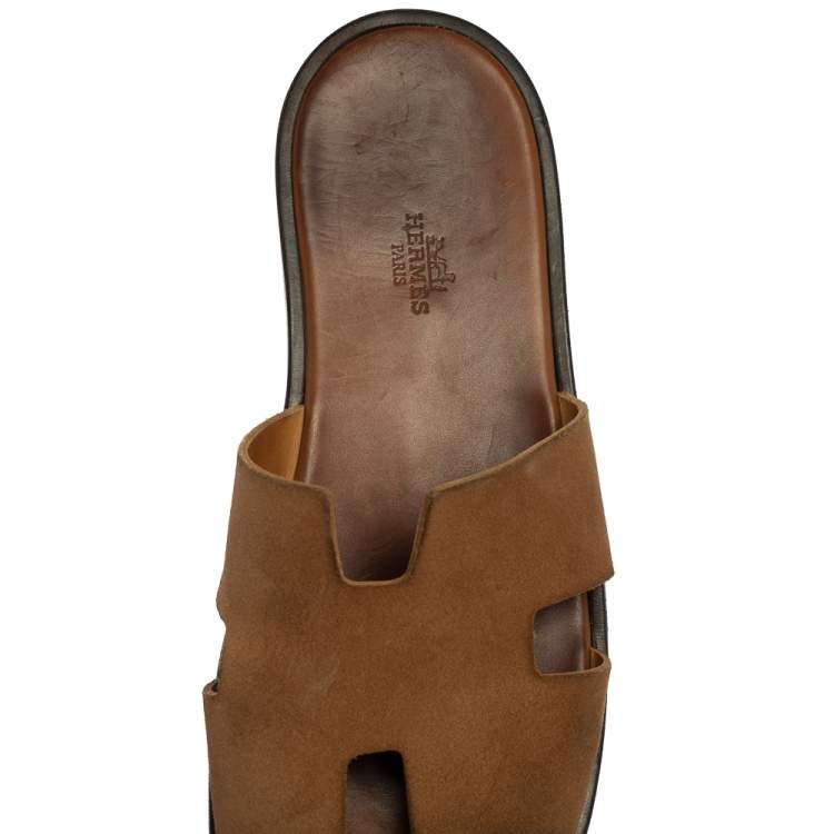 Pre Owned Hermes Brown Suede Izmir Flat Slides Size 43.5