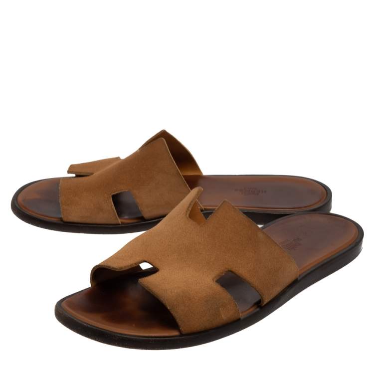 Pre Owned Hermes Brown Suede Izmir Flat Slides Size 43.5
