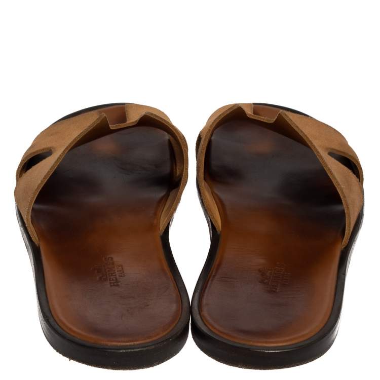 Pre Owned Hermes Brown Suede Izmir Flat Slides Size 43.5