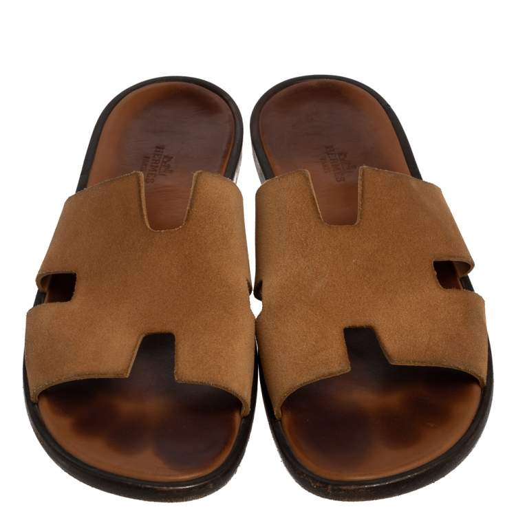 Pre Owned Hermes Brown Suede Izmir Flat Slides Size 43.5