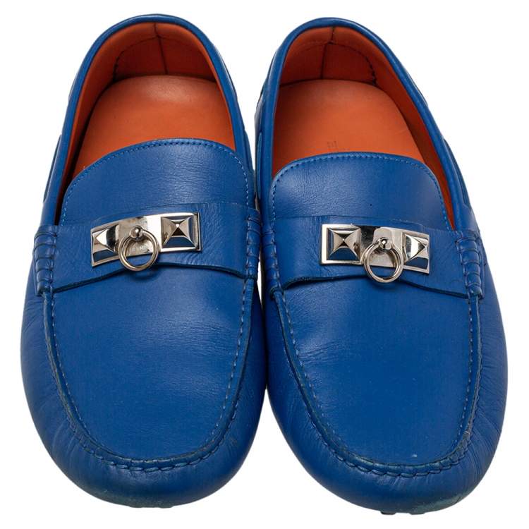 Pre Owned Hermés Blue Leather Slip On Loafers Size 43