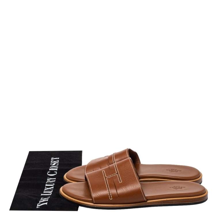 Pre Owned Hermes Brown Leather Flat Sandals Size 40